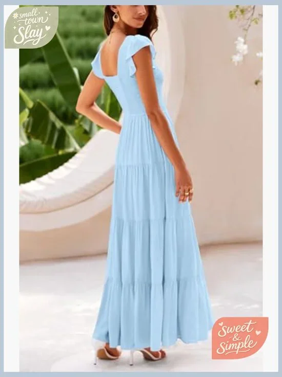 Flowy Maxi Dress with Smocked Top V Neck Cap Sleeve Summer Casual - Picture 2 of 7